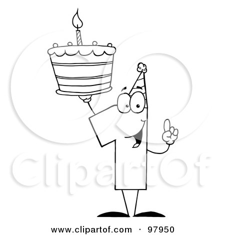 Royalty-Free (RF) Clipart Illustration of an Outlined Number One Holding Up A First Birthday Cake by Hit Toon