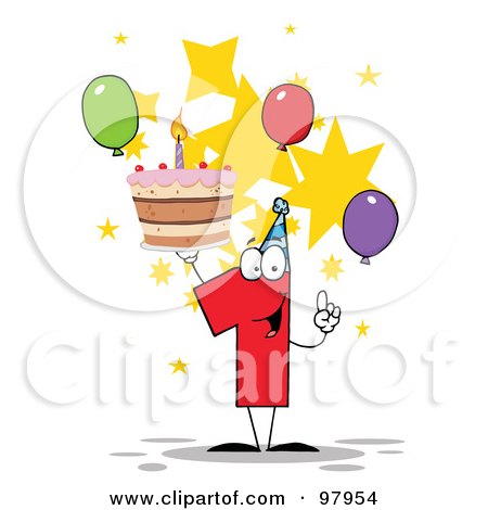 Royalty-Free (RF) Clipart Illustration of a Number One Holding Up A First Birthday Cake With Balloons And Stars by Hit Toon