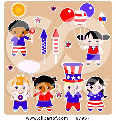 Royalty-Free (RF) Clipart Illustration of a Digital Collage Of Independence Day Kid Sticker Styled Elements by Pushkin