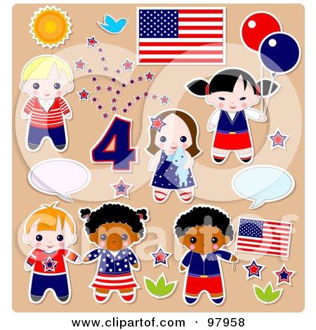 Royalty-Free (RF) Clipart Illustration of a Digital Collage Of Fourth of July Kid Sticker Styled Elements by Pushkin