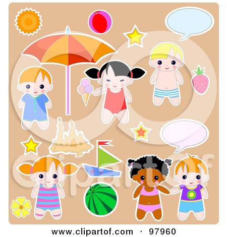 Royalty-Free (RF) Clipart Illustration of a Digital Collage Of Summer Time Kid Sticker Styled Elements by Pushkin