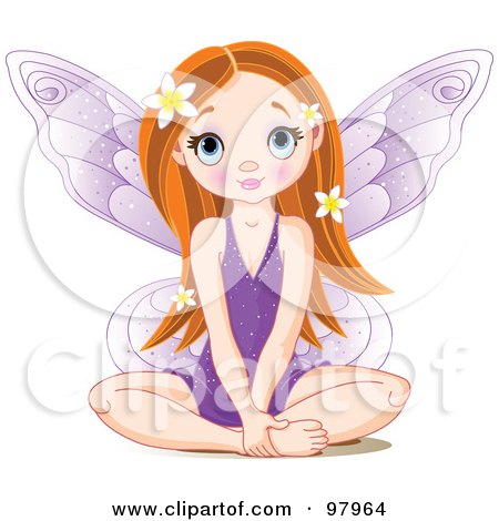 Royalty-Free (RF) Clipart Illustration of a Red Haired Fairy In A Purple Dress, Sitting On The Floor by Pushkin