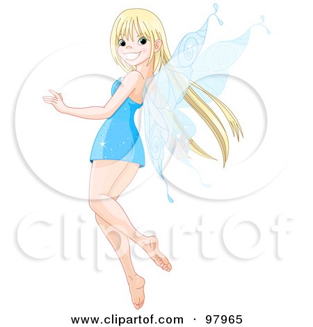 Royalty-Free (RF) Clipart Illustration of a Pretty Blond Fairy In A Blue Dress, Looking Back And Smiling by Pushkin