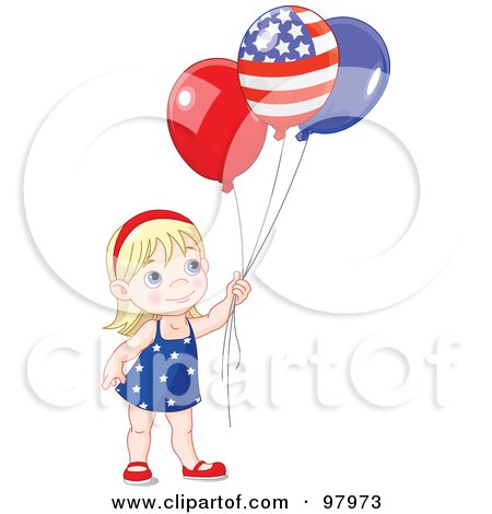 Royalty-Free (RF) Clipart Illustration of a Blond American Girl Holding Patriotic Party Balloons by Pushkin