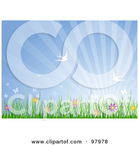 Royalty-Free (RF) Clipart Illustration of a Spring Time Background Of Sparrows Flying Over Flowers And Grass by Pushkin