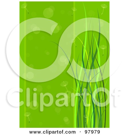 Royalty-Free (RF) Clipart Illustration of a Green Spring Time Background Of Dandelion Seeds Floating By Grasses by Pushkin