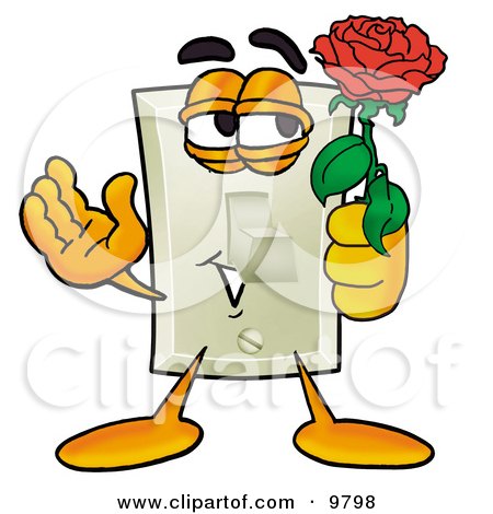 Clipart Picture of a Light Switch Mascot Cartoon Character Holding a Red Rose on Valentines Day by Mascot Junction