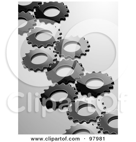 Royalty-Free (RF) Clipart Illustration of a Diagonal Line Of Gear Cogs Over Gray by elaineitalia