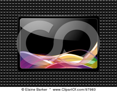 Royalty-Free (RF) Clipart Illustration of a Shiny Black And Neon Wave Plaque Over A Textured Black Background by elaineitalia