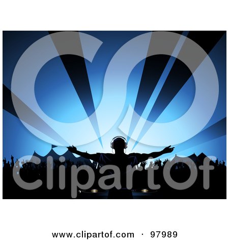 Royalty-Free (RF) Clipart Illustration of a Male Dj Playing Music At A Summer Festival, Silhouetted Against A Shining Blu Sky by elaineitalia