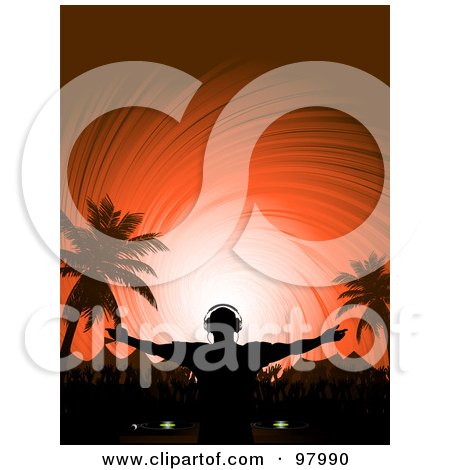 Royalty-Free (RF) Clipart Illustration of a Male Dj Playing Music At A Tropical Festival, Silhouetted Against An Orange Swirl Sky by elaineitalia