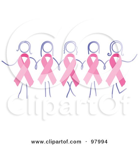 Royalty-Free (RF) Clipart Illustration of a Group Of Women With Breast Cancer Awareness Ribbon Bodies, Holding Hands by inkgraphics