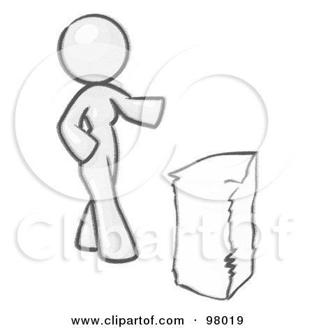 Royalty-Free (RF) Clipart Illustration of a Sketched Design Mascot Woman With A Stack Of Paperwork by Leo Blanchette