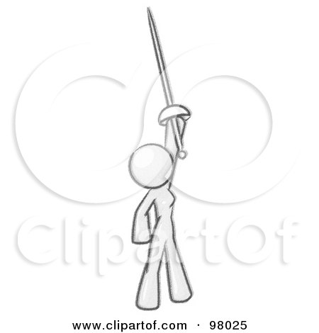 Royalty-Free (RF) Clipart Illustration of a Sketched Design Mascot Woman Holding Up A Sword by Leo Blanchette