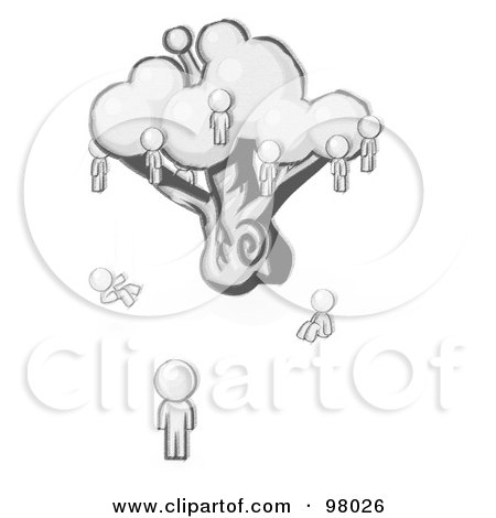 Royalty-Free (RF) Clipart Illustration of a Sketched Design Mascot Man Watching Others Fall From The Family Tree by Leo Blanchette