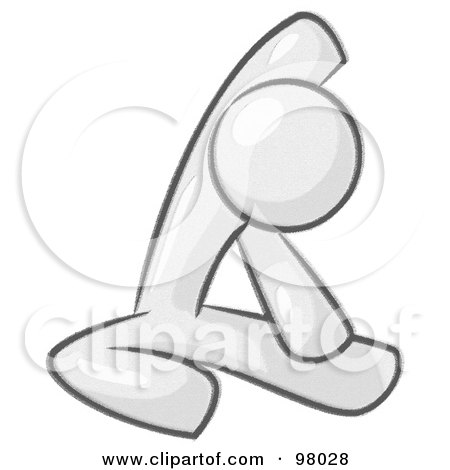 Royalty-Free (RF) Clipart Illustration of a Sketched Design Mascot Man Sitting On A Gym Floor And Stretching His Arm Up And Behind His Head by Leo Blanchette