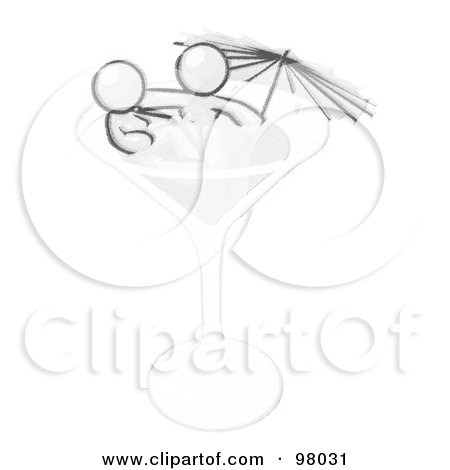 Royalty-Free (RF) Clipart Illustration of a Sketched Design Mascot Couple Soaking In A Cocktail Glass With An Umbrella by Leo Blanchette