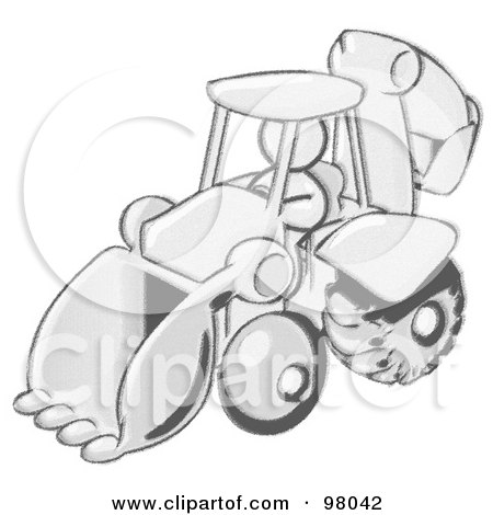 Royalty-Free (RF) Clipart Illustration of a Sketched Design Mascot Man Operating A Yellow Backhoe Machine At A Construction Site by Leo Blanchette