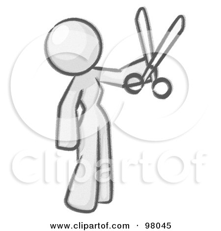 Royalty-Free (RF) Clipart Illustration of a Sketched Design Mascot Woman Standing And Holing Up A Pair Of Scissors by Leo Blanchette