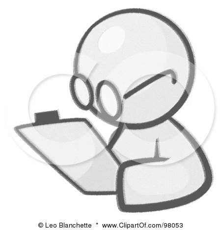 Royalty-Free (RF) Clipart Illustration of a Sketched Design Mascot Avatar Writing Notes On A Clipboard by Leo Blanchette