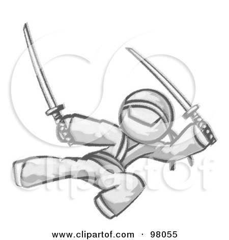 Royalty-Free (RF) Clipart Illustration of a Sketched Design Mascot Man Ninja Kicking And Jumping With Swords by Leo Blanchette