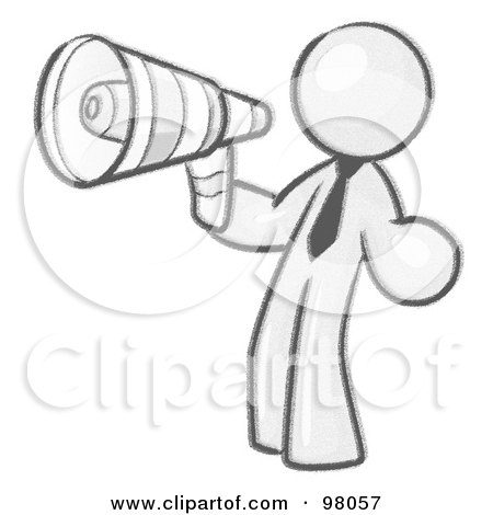 Royalty-Free (RF) Clipart Illustration of a Sketched Design Mascot Man Announcing With A Megaphone by Leo Blanchette