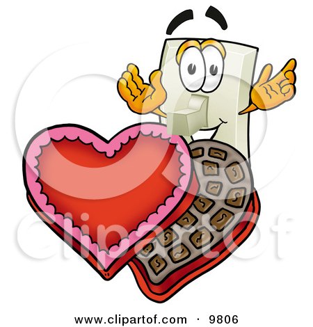 Clipart Picture of a Light Switch Mascot Cartoon Character With an Open Box of Valentines Day Chocolate Candies by Mascot Junction