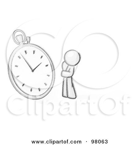 Royalty-Free (RF) Clipart Illustration of a Sketched Design Mascot Man Worried And Watching A Clock by Leo Blanchette