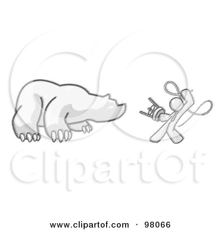 Royalty-Free (RF) Clipart Illustration of a Sketched Design Mascot Man Holding A Stool And Whip While Taming A Bear by Leo Blanchette