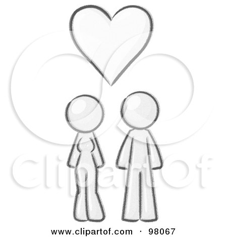 Royalty-Free (RF) Clipart Illustration of a Sketched Design Mascot Couple Under A Pink Heart by Leo Blanchette