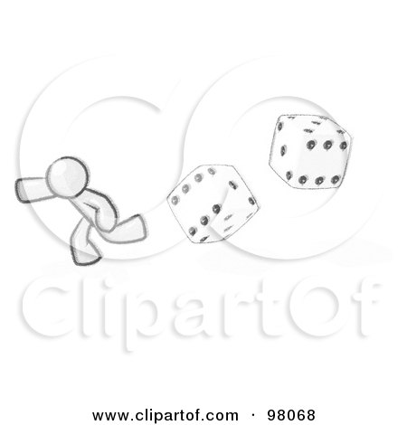 Royalty-Free (RF) Clipart Illustration of a Sketched Design Mascot Man Running From Dice by Leo Blanchette