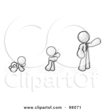 Royalty-Free (RF) Clipart Illustration of a Sketched Design Mascot Man In His Growth Stages Of Life, Starting Out As A Crawling Baby In A Diaper, Then A Child And Then An Adult by Leo Blanchette