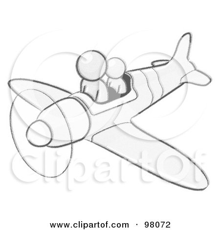 Royalty-Free (RF) Clipart Illustration of a Sketched Design Mascot Flying A Plane With A Passenger by Leo Blanchette