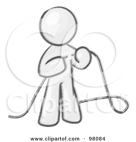 Royalty-Free (RF) Clipart Illustration of a Sketched Design Mascot Man Tying Loose Ends Of Cables by Leo Blanchette