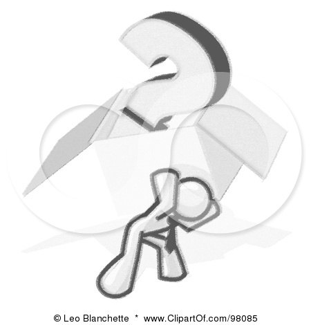Royalty-Free (RF) Clipart Illustration of a Sketched Design Mascot Man Carrying A Heavy Box With A Question Mark In It On His Back by Leo Blanchette