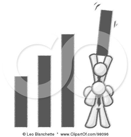 Royalty-Free (RF) Clipart Illustration of a Sketched Design Mascot Man On Another Man's Shoulders, Holding Up A Bar As High As He Can On A Graph by Leo Blanchette