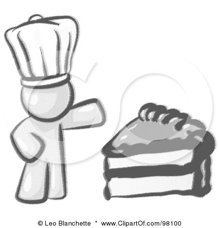 Royalty-Free (RF) Clipart Illustration of a Sketched Design Mascot Chef Man Wearing A White Hat And Presenting A Tasty Slice Of Frosted Cake by Leo Blanchette