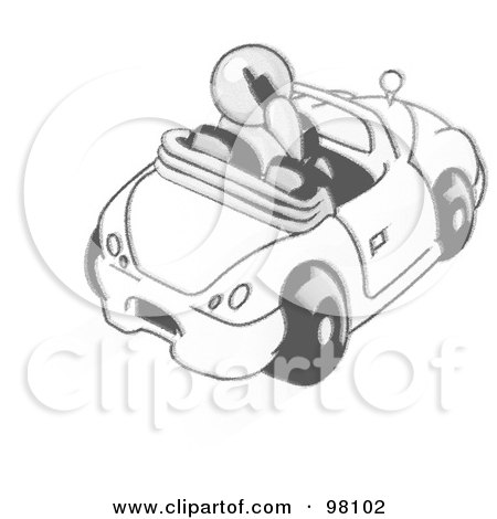 Royalty-Free (RF) Clipart Illustration of a Sketched Design Mascot Businessman Talking On A Cell Phone While Driving A White Convertible Car by Leo Blanchette