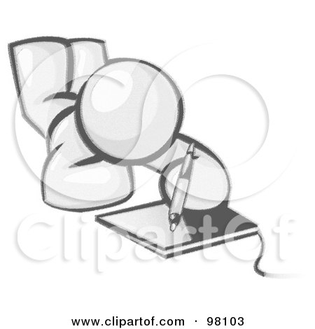 Royalty-Free (RF) Clipart Illustration of a Sketched Design Mascot Laying On His Belly And Drawing On A Tablet by Leo Blanchette