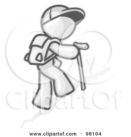 Royalty-Free (RF) Clipart Illustration of a Sketched Design Mascot Man Character Backpacking And Hiking Uphill by Leo Blanchette