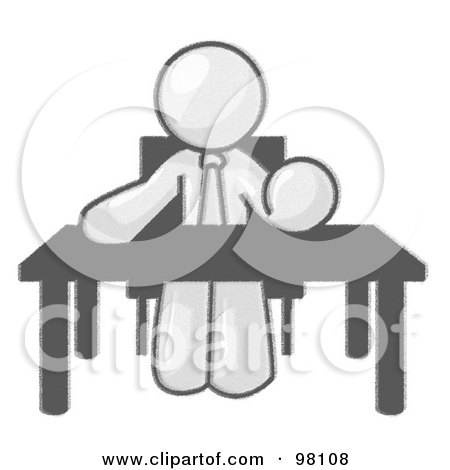 Royalty-Free (RF) Clipart Illustration of a Sketched Design Mascot Businessman Wearing A Tie And Sitting At A Desk Or Table During A Meeting by Leo Blanchette