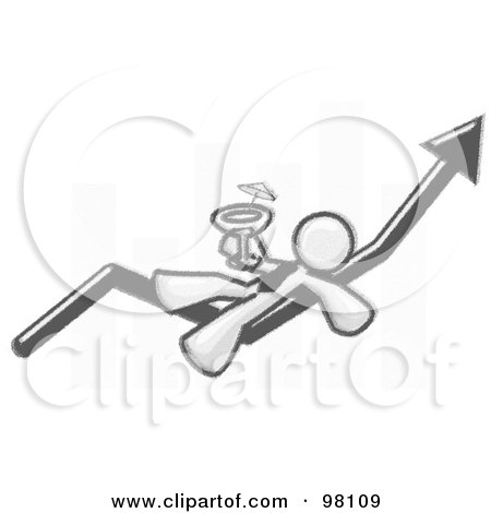 Royalty-Free (RF) Clipart Illustration of a Sketched Design Mascot Man With A Cocktail On An Arrow Over A Bar Graph by Leo Blanchette