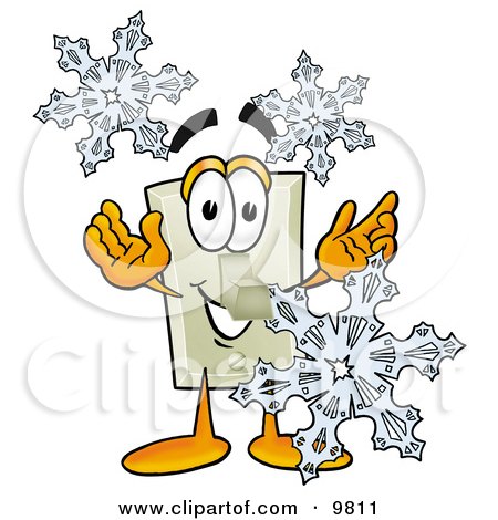 Clipart Picture of a Light Switch Mascot Cartoon Character With Three Snowflakes in Winter by Mascot Junction
