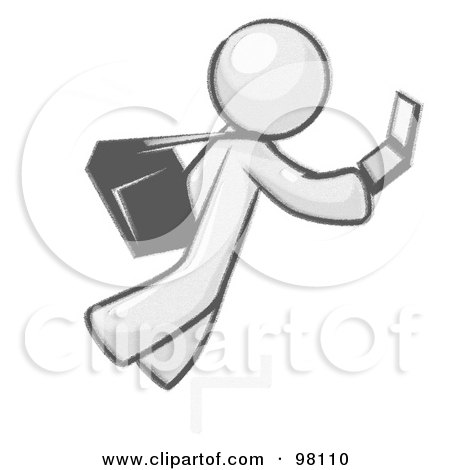 Royalty-Free (RF) Clipart Illustration of a Sketched Design Mascot Man Tripping On Steps While Texting On A Cell Phone by Leo Blanchette