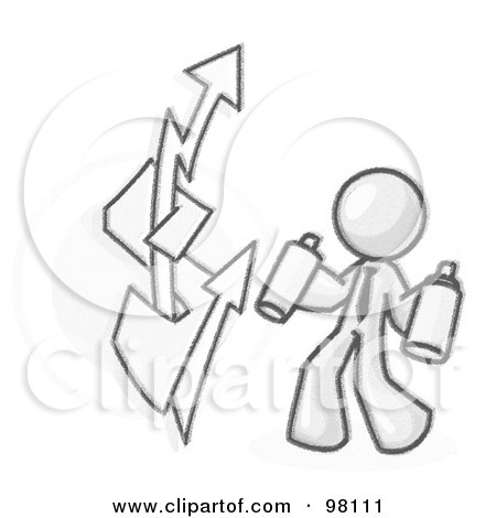 Royalty-Free (RF) Clipart Illustration of a Sketched Design Mascot Business Man Spray Painting A Graffiti Dollar Sign On A Wall by Leo Blanchette