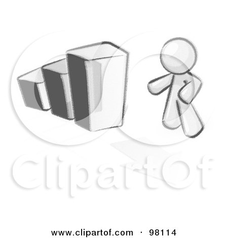 Royalty-Free (RF) Clipart Illustration of a Sketched Design Mascot Man Standing By An Increasing Bar Graph On A Grid Background With An Arrow by Leo Blanchette