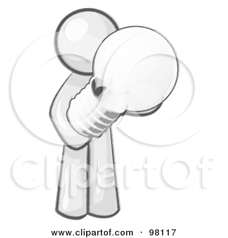 Royalty-Free (RF) Clipart Illustration of a Sketched Design Mascot Man Holding A Glass Electric Lightbulb by Leo Blanchette
