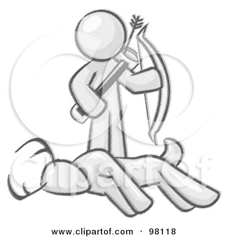 Royalty-Free (RF) Clipart Illustration of a Sketched Design Mascot Man, A Hunter, Holding A Bow And Arrow Over A Dead Buck Deer by Leo Blanchette