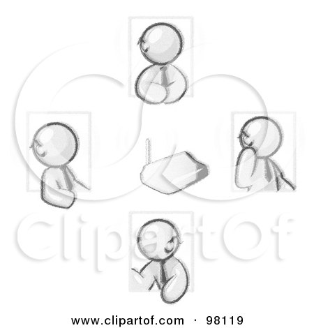 Royalty-Free (RF) Clipart Illustration of Sketched Design Mascots Holding A Phone Meeting And Wearing Wireless Bluetooth Headsets by Leo Blanchette