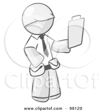 Royalty-Free (RF) Clipart Illustration of a Sketched Design Mascot Man Construction Site Supervisor Holding A Clipboard by Leo Blanchette